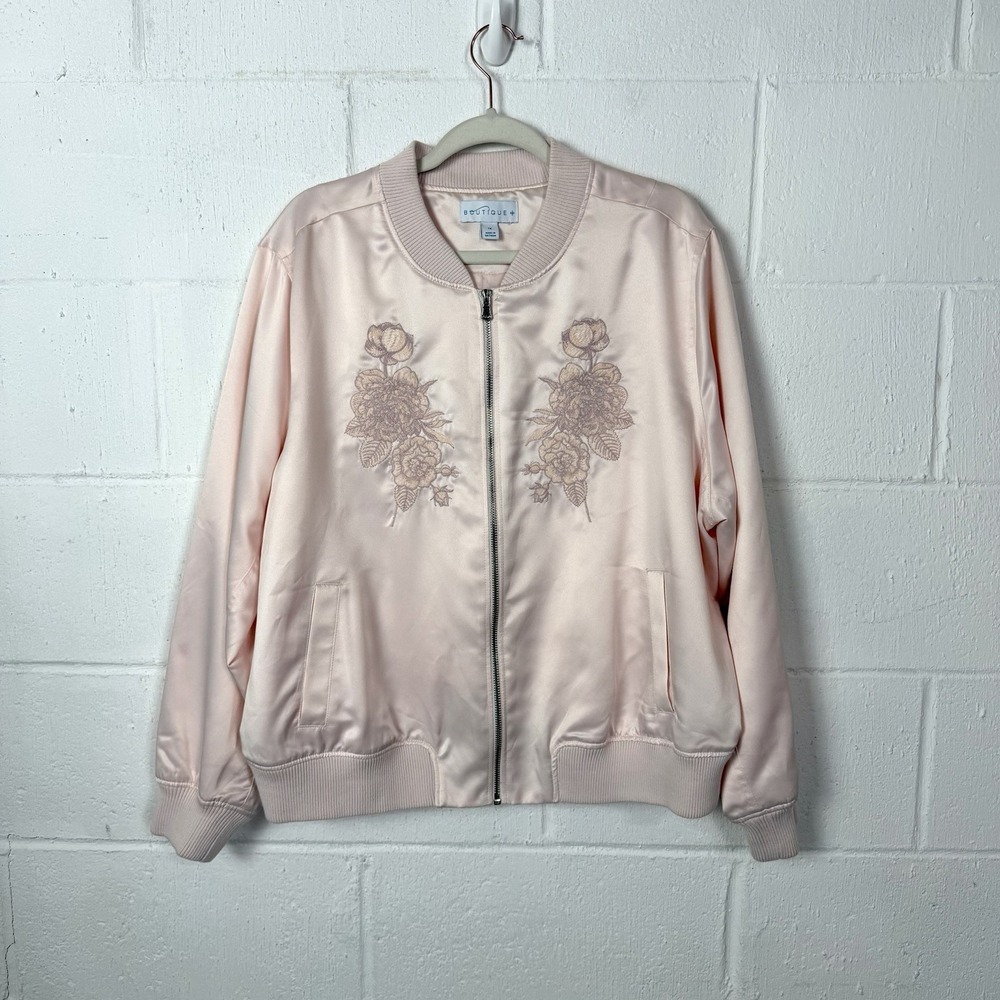 Boutique Satin Bomber Jacket Plus Size 1X Blush Pink Floral Embroidery Retro
